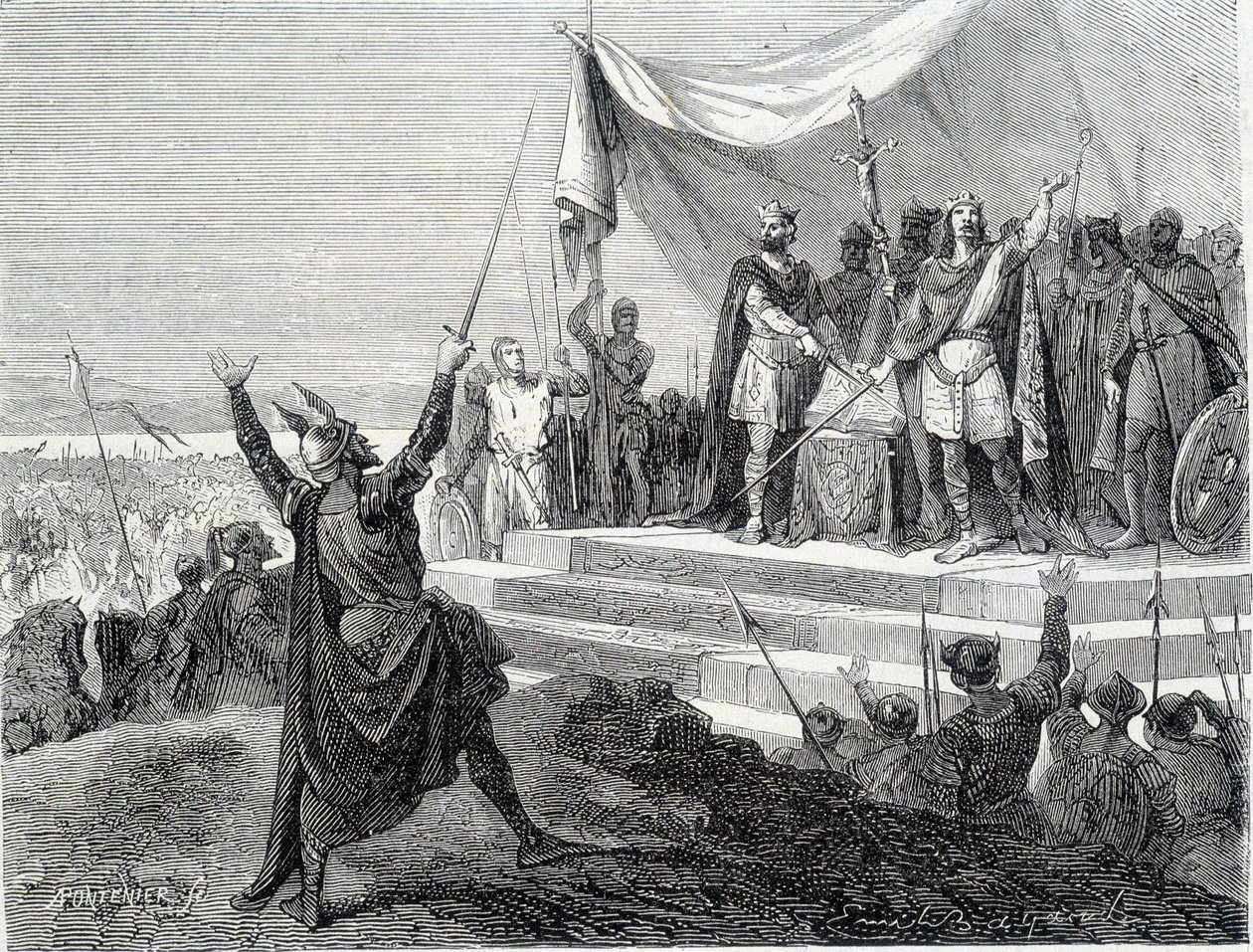 The oath of the two brothers before their armour: Charles II the Bald and Louis II the Germanic take the oath against Lothaire I (Oaths of Strasbourg 842). Engraving of the 19th century. by Unknown artist