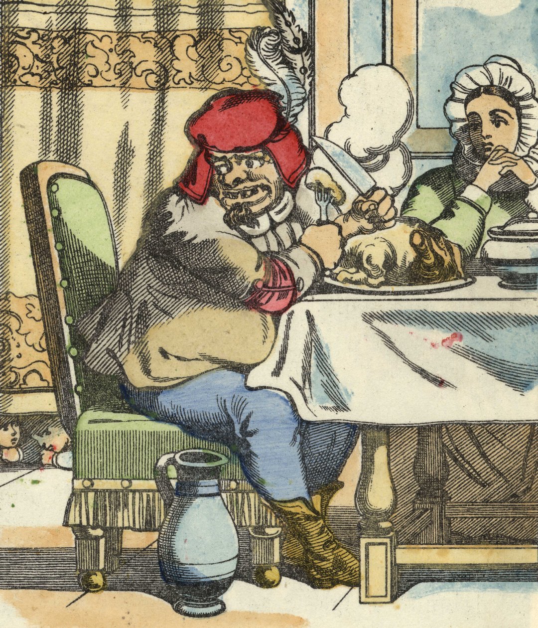 The ogre at the table, feels the presence of Little Poucet and his brothers. Illustration of the tale 