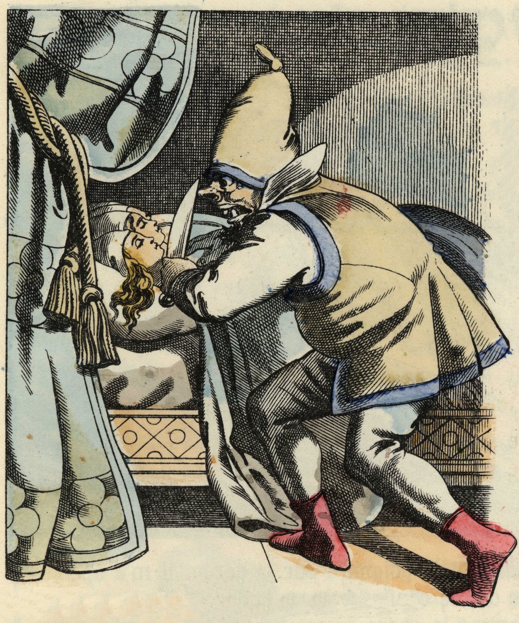 The ogre cuts the head of his seven daughters thinking of killing the Little Poulet and his brothers. Illustration of the tale 