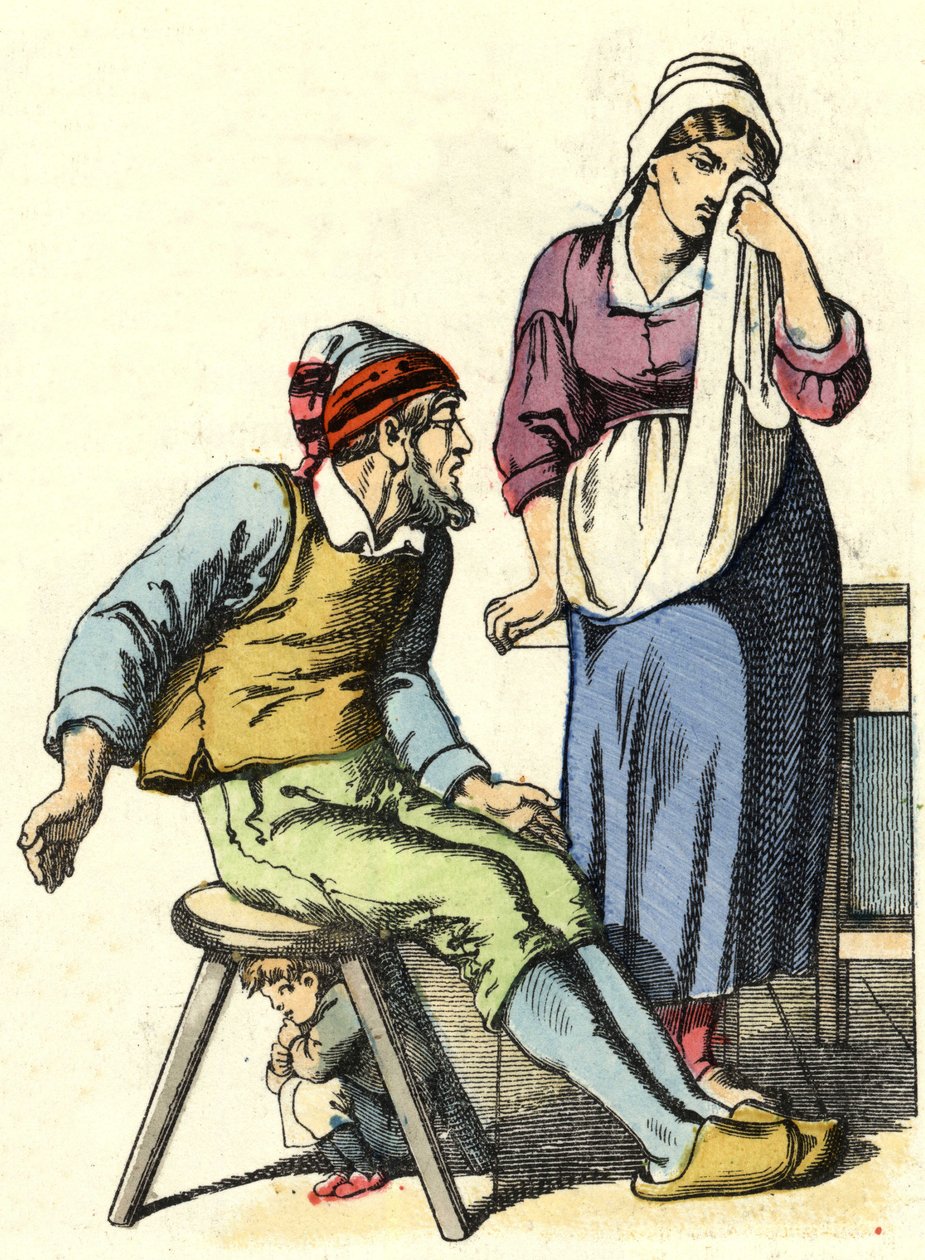 The parents of the Little Poucet decided to abandon their children in the forest. Illustration of the tale 