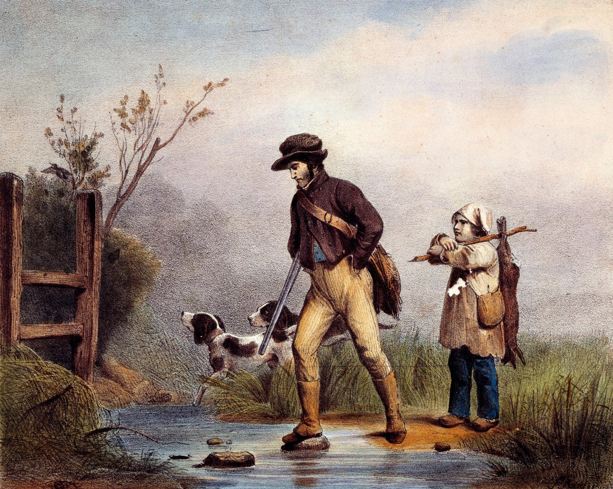 The passage has hunters crossing a watercourse on foot. Lithograph of the 19th century Gien, hunting museum by Unknown artist
