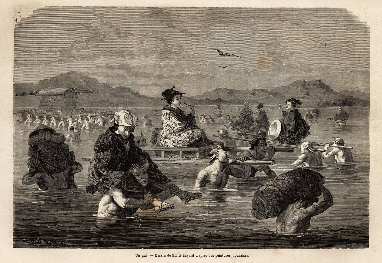 The passage of a ford, with presentation of the modes of carrying passengers and luggage. Engraving to illustrate the voyage to Japan, in 1863-1864, by Aime Humbert, minister of the Swiss Confederation, in 