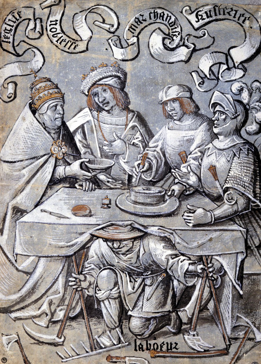 The pope, the nobility, the merchants and the army plotting on the backs of the people (a peasant) - Antipapist cartoon by Unknown artist