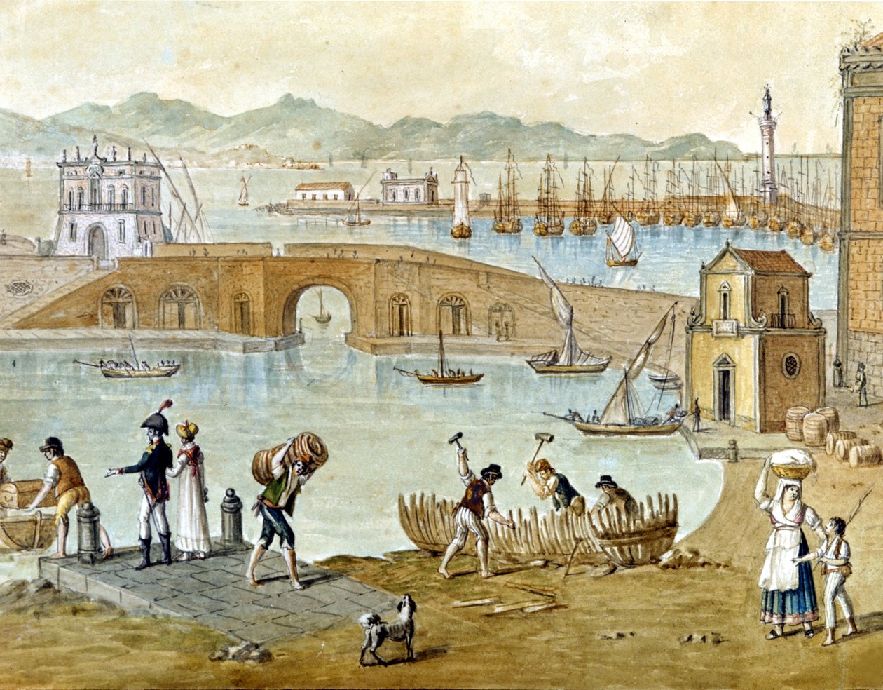 The port of Naples and Santa Lucia around 1800: travellers are preparing to leave and carpenters build a boat. Watercolour. by Unknown artist