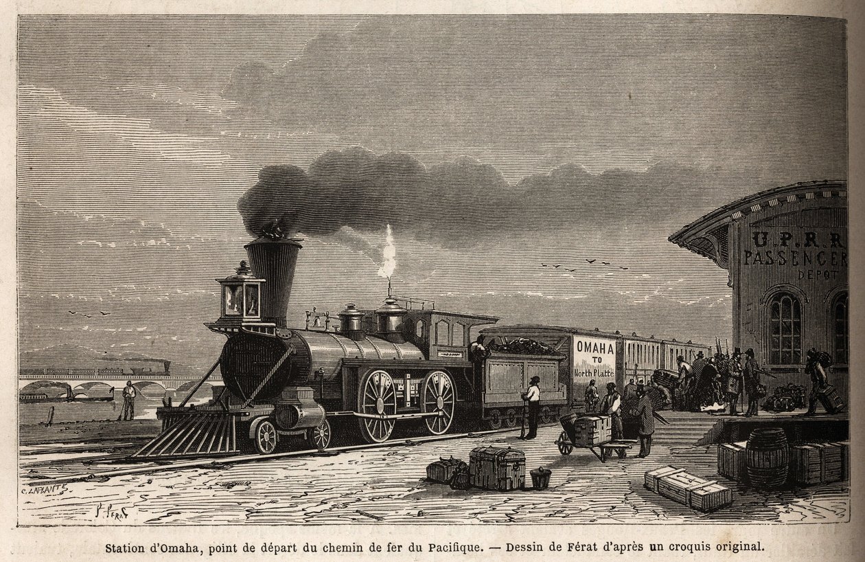 The Railway at Omaha Station (Nebraska), Starting Point of the Lines Leading to the Pacific. Engraving for Illustration of the Journey to the American Far West, by M. L. Simonin, 1867, Published in 