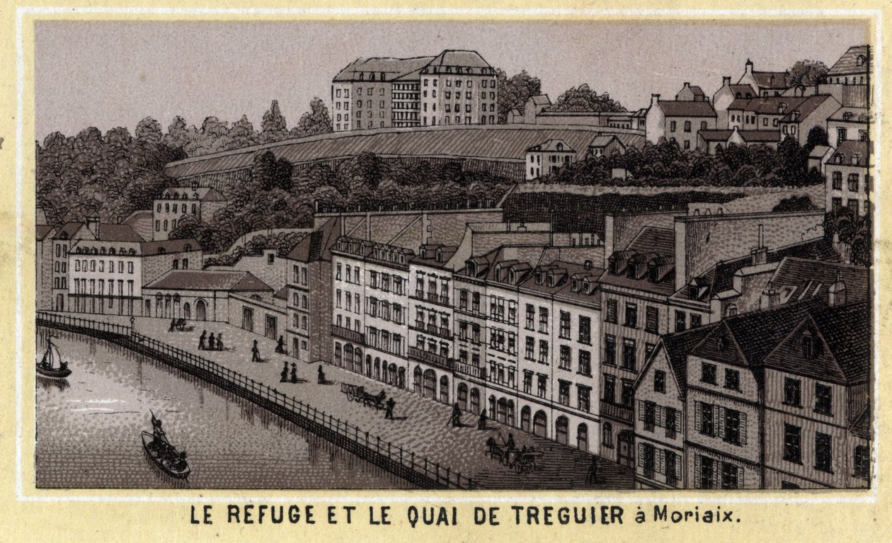 The refuge and quay of Treguier in Morlaix (Finistere, Brittany). Chromolithography of the late 19th century by Unknown artist