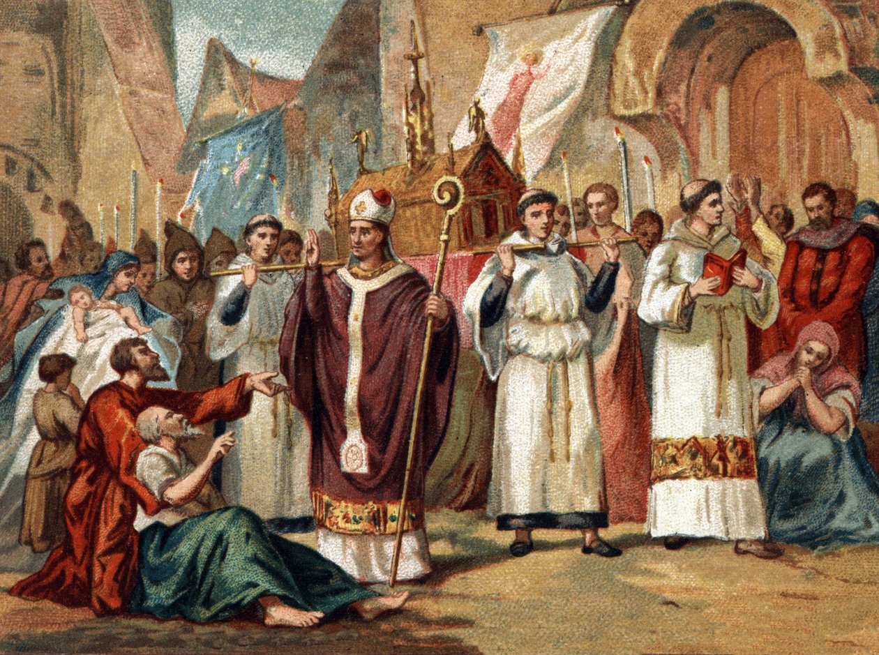 The relics of Saint Genevieve (422-502), patron saint of Paris, are transported across the streets of Paris by Unknown artist