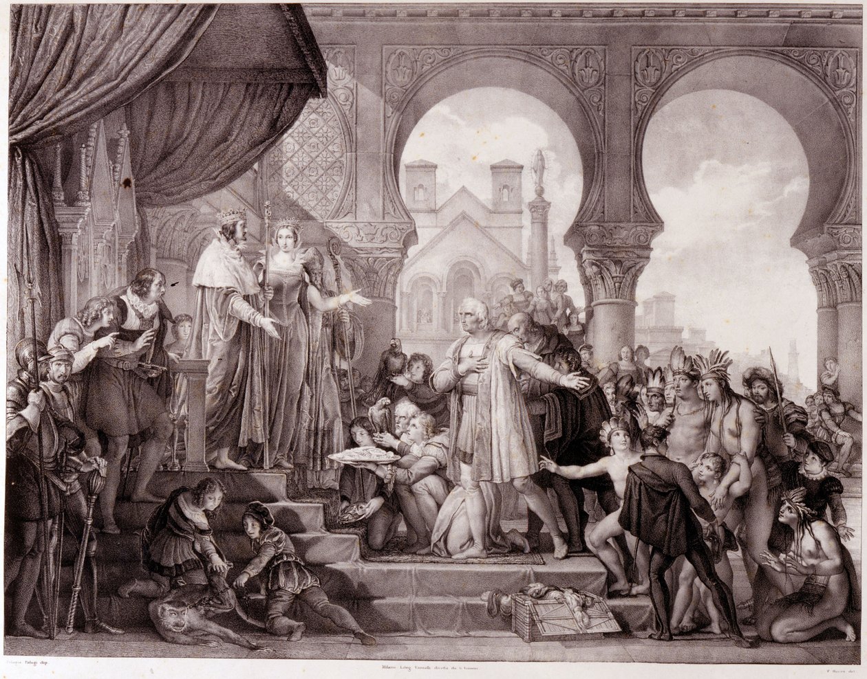 The return of Christopher Columbus to Spain before King Ferdinand II of Aragon and Isabella I of Castile after discovering America. Engraving of the 19th century by Unknown artist