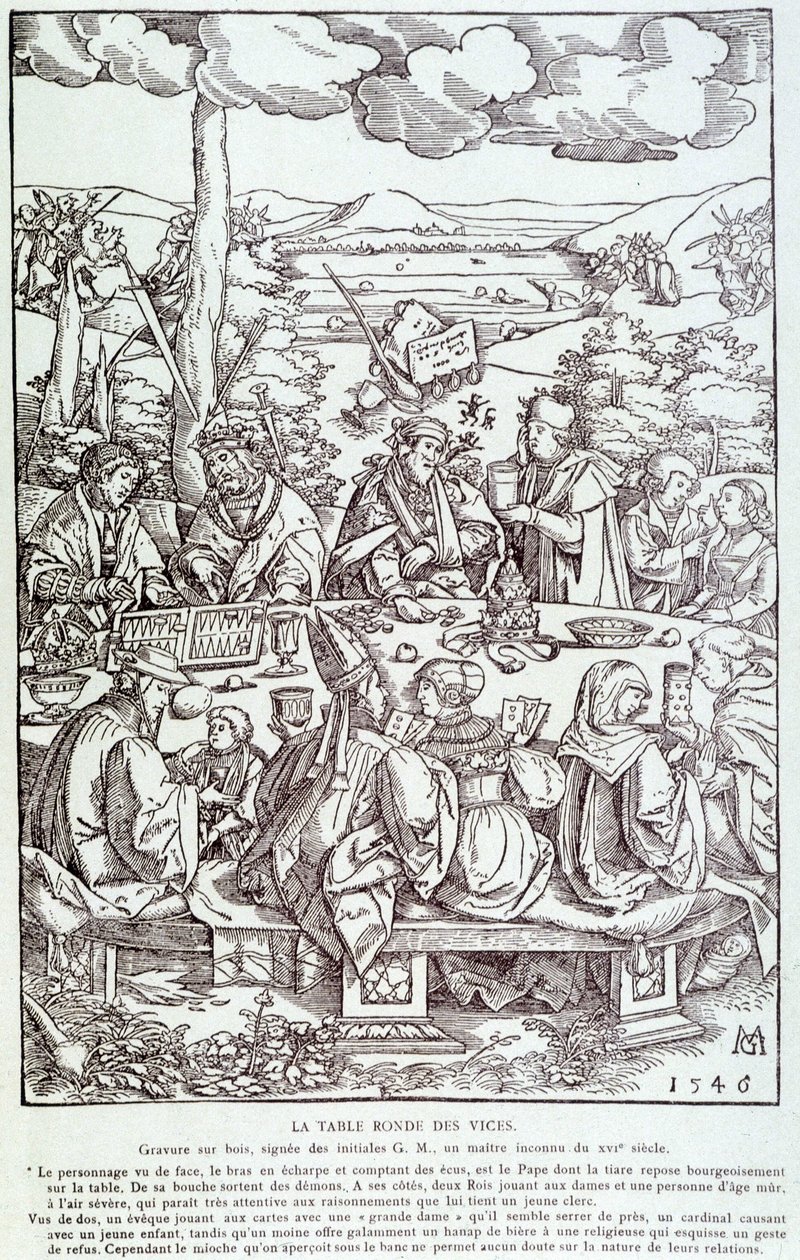 The round table of vices: play, greed, lust, pride... - Engraving 1546 by Unknown artist