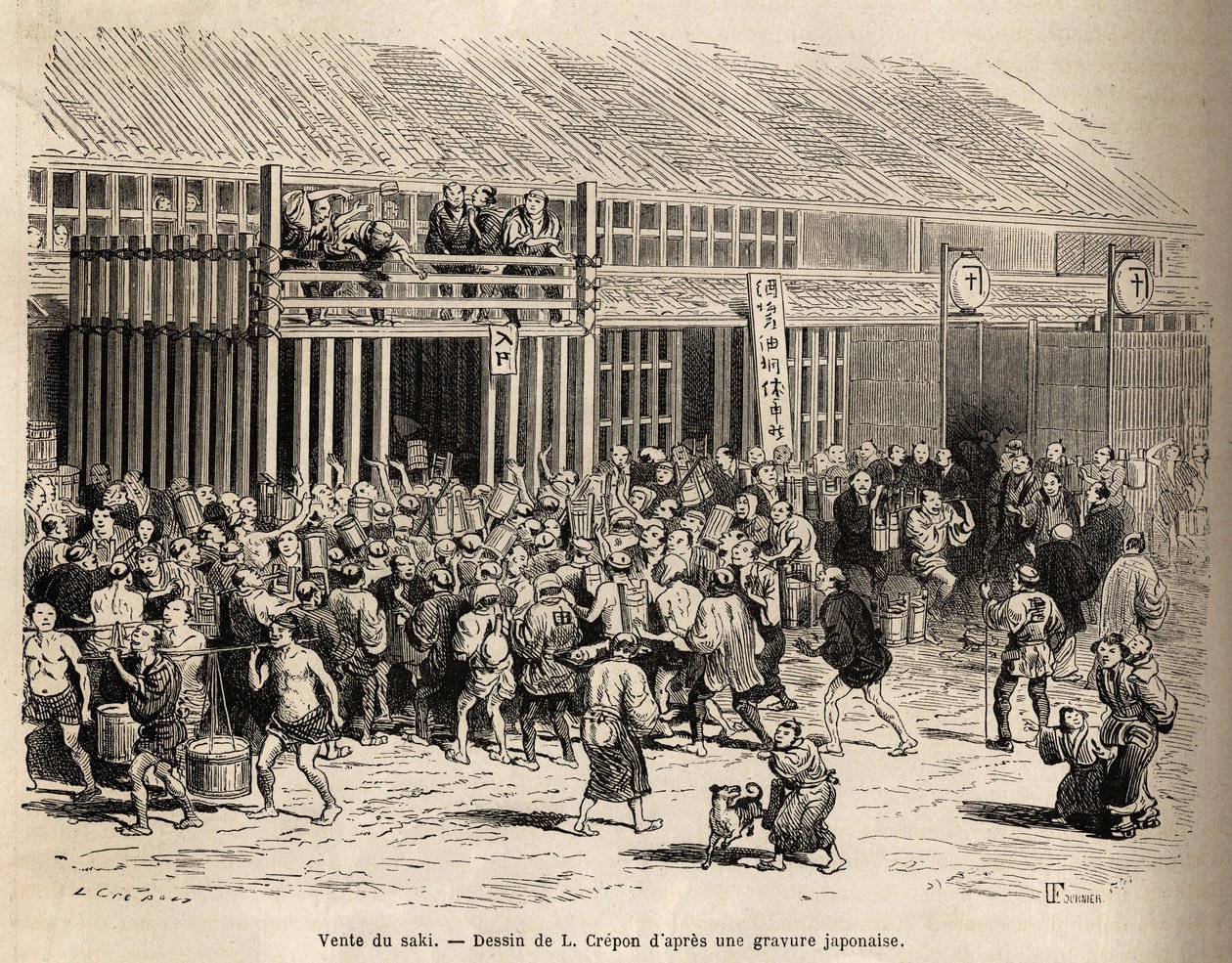 The sale of sake, a bustling auction for the new beverage in the public square by Unknown artist