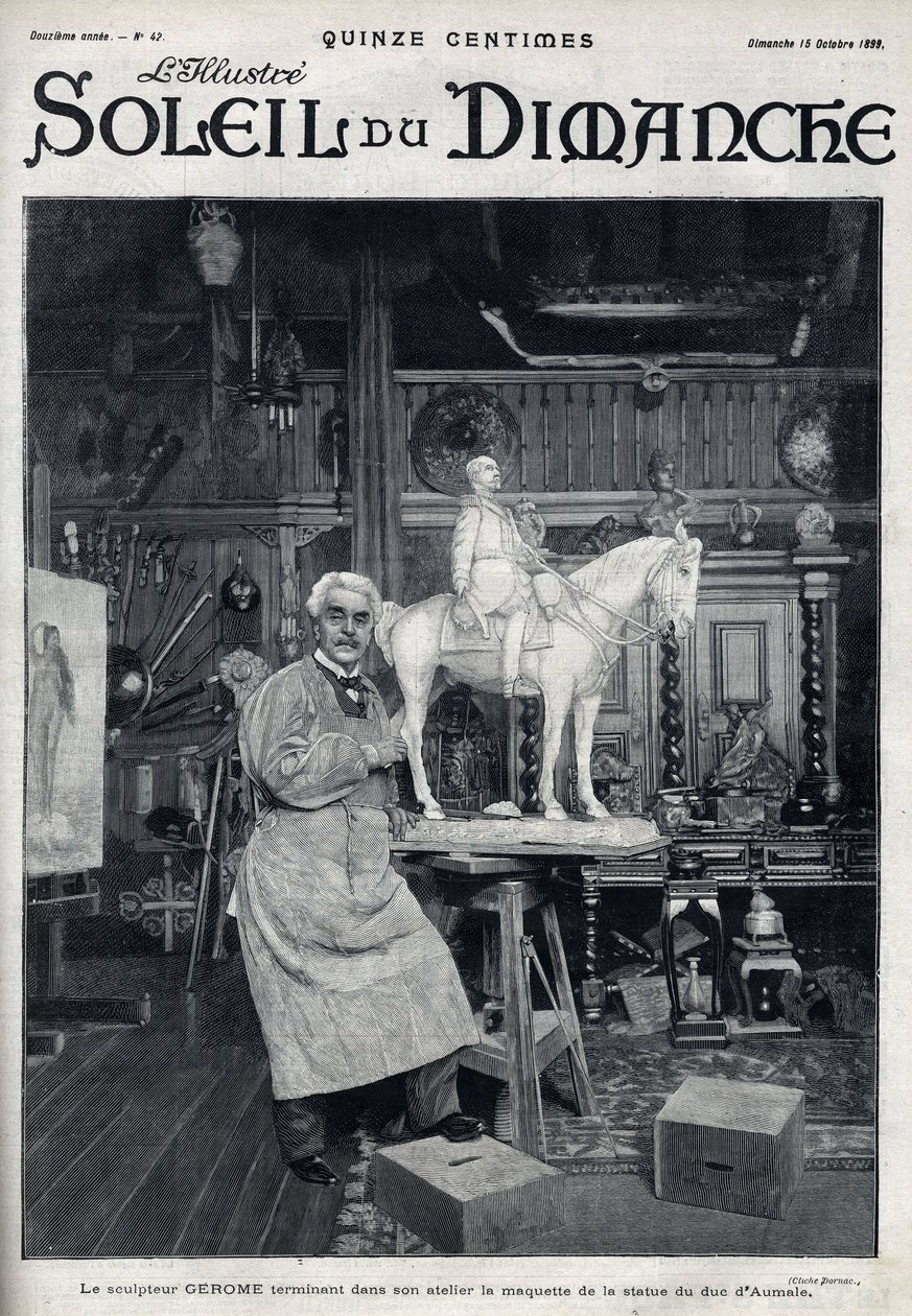 The sculptor Jean Leon Gerome finishes in his studio the model of the statue of the Duke of Aumale - Engraving in Le sun-du-dimanche, October 15 by Unknown artist