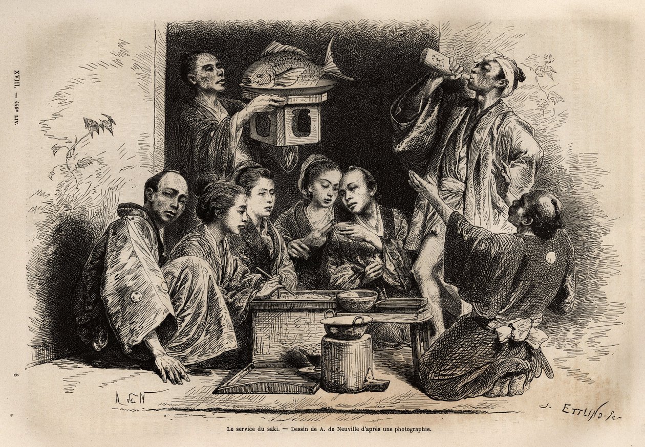 The service of sake, is what is most ceremonial in banquets, sake is brought in large lacquered pots or bronze cans, placed on a bamboo bar, heated in a bath in porcelain bottles; the cuts of materials and various sizes are richly decorated by Unknown artist
