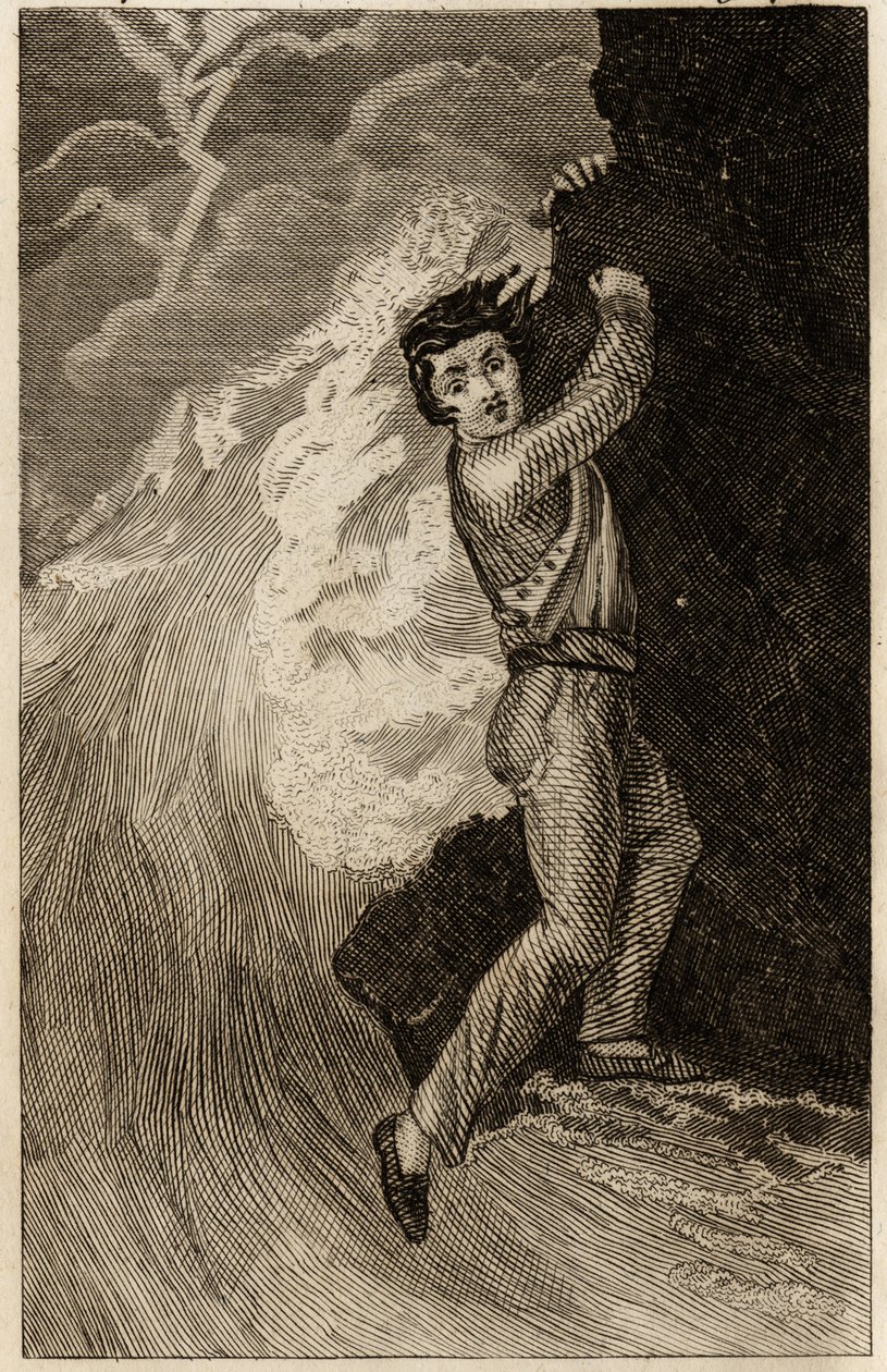 The shipwreck of Robinson Crusoe, engraving in 