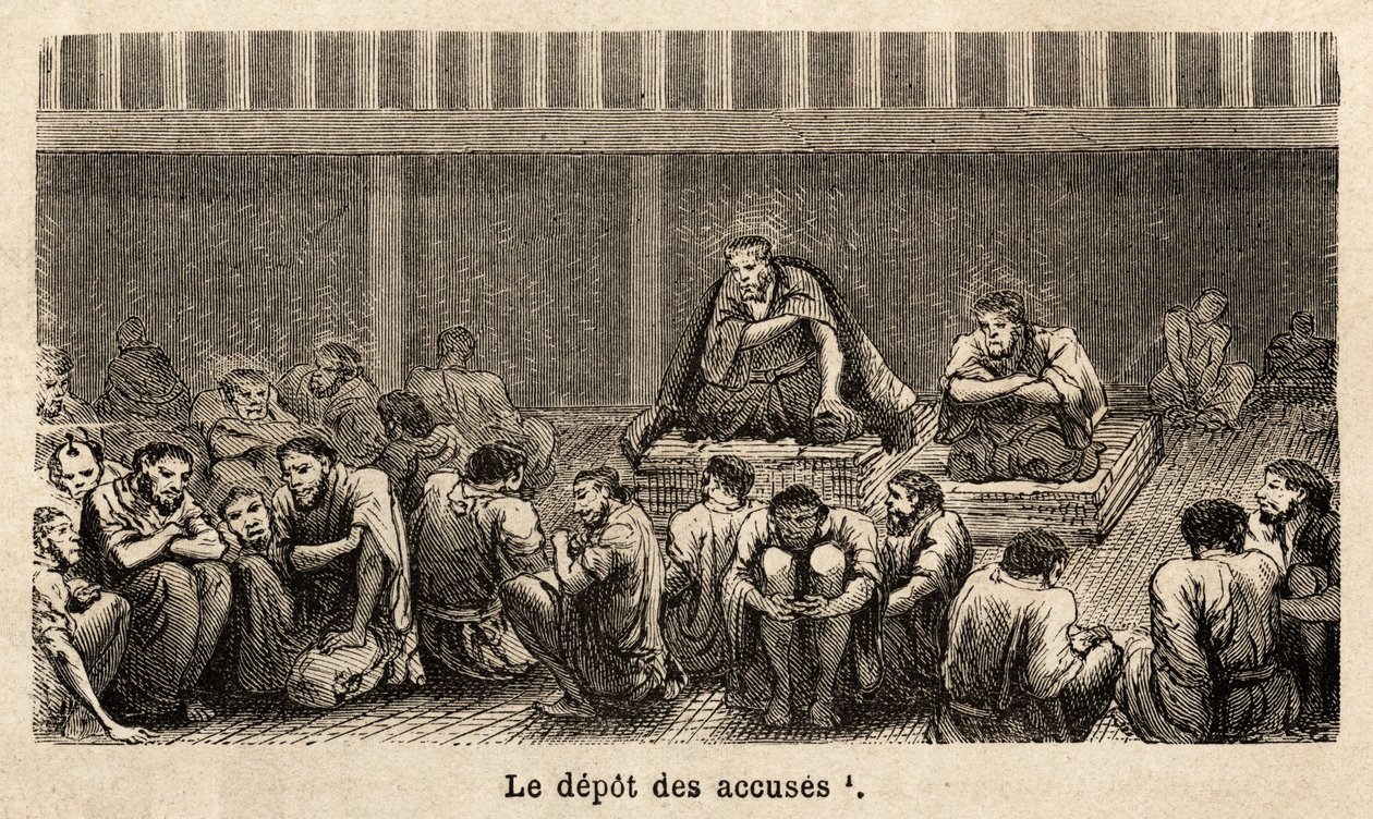 The Stages of Justice: The Depot of the Charges, All of Which Gather Pele Mele in the Same Cell, Often for a Long Time, Defendants Can Obtain More Comfort, for Example, Two Prisoners Have Obtained Mats Allowing Them to Rise Above (above) the Pave Floor, an by Unknown artist