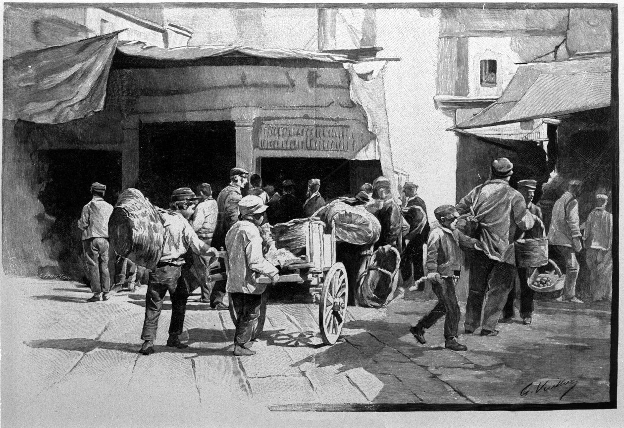The street vendors and the walk of the district of Vuccirla in Palermo, Sicily. Engraving of the 19th century by Unknown artist