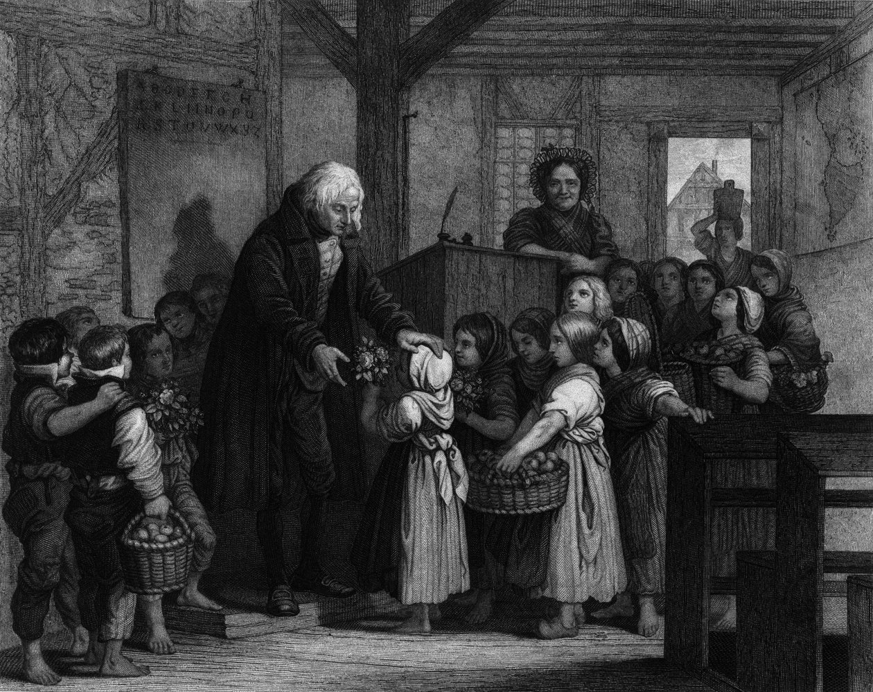 The students of a class come together to give flowers to their school teacher on his birthday. Engraving of the 19th century by Unknown artist