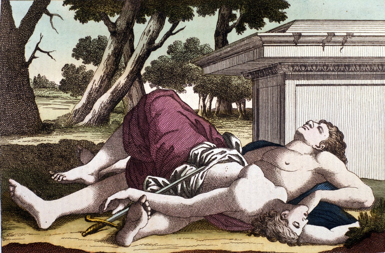The suicide of Pyramus under the mulberry tree and the death of Thisbe. Convinced that the lioness had devoured Thisbe, Pyramus gave himself death and covered the white mulberries with his blood. Thisbe, hiding to escape the lion, finds her love dead and s by Unknown artist