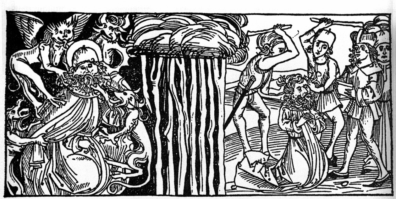 The temptations of Saint Anthony the Great, and on the right his martyrdom. Engraving from 