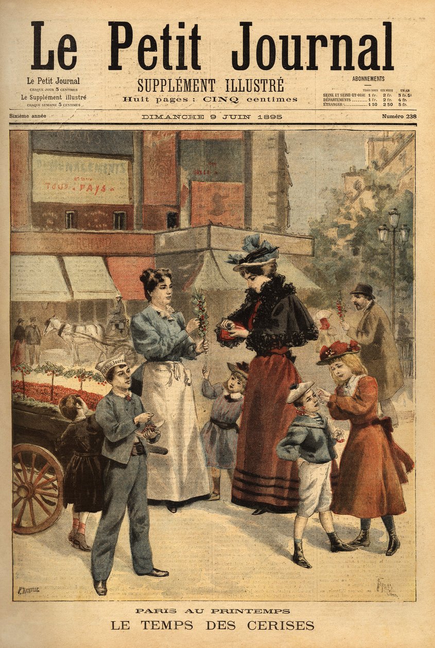 The time of cherries, walking merchant in the streets of Paris. Engraving in Le petit journal 9/06/1895. Selva