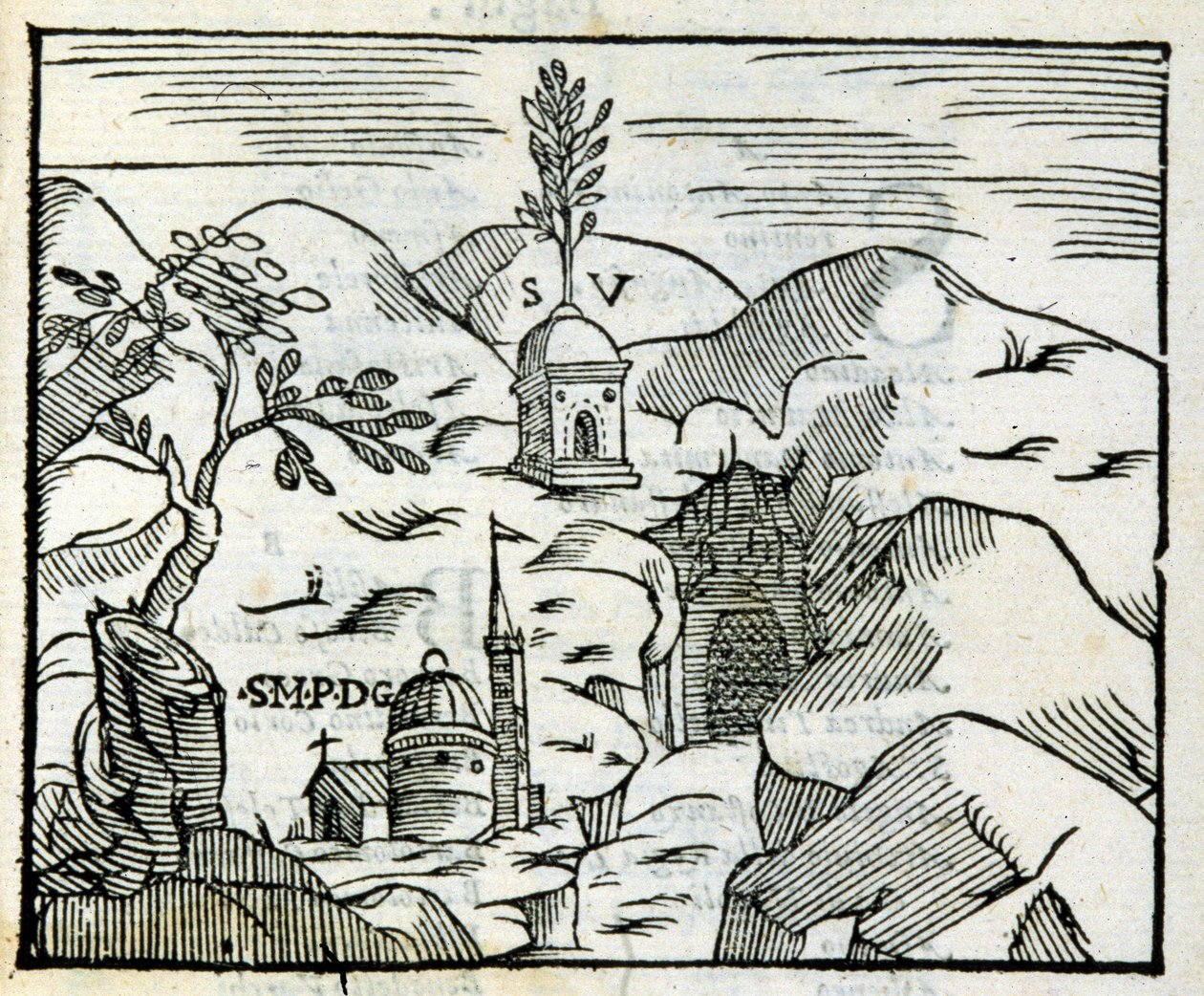 The tomb of Virgil in Pozzuoli. Xylography after a 17th century tourist guide by Unknown artist