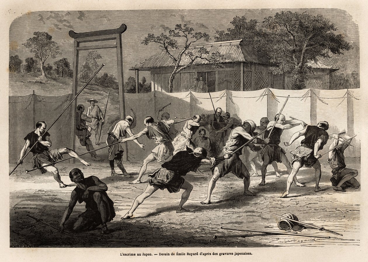 The training of Japanese warriors in sword and spear combat, in a kind of arena surrounded by stretched canvas. Engraving to illustrate the voyage to Japan, in 1863-1864, by Aime Humbert, minister of the Swiss Confederation, in Le tour du monde, nouveau by Unknown artist