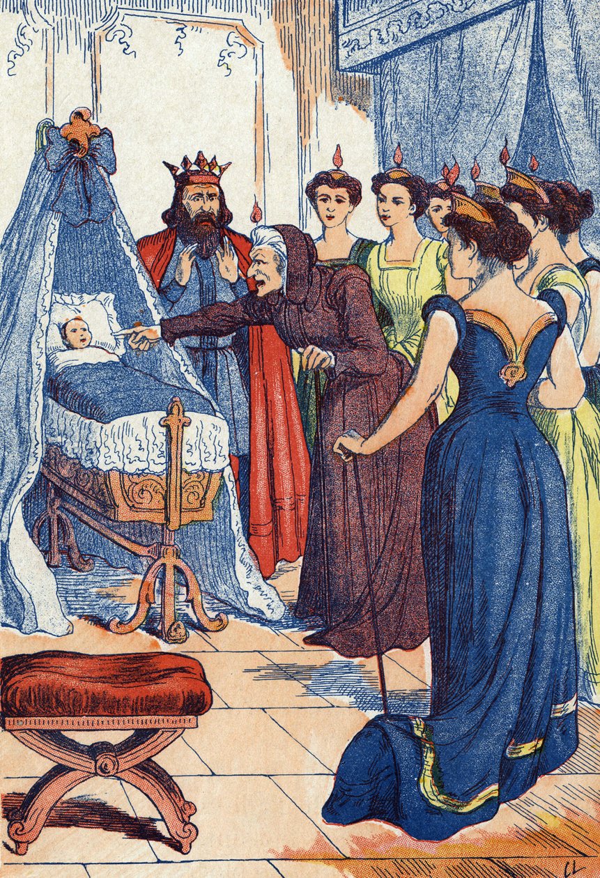 The Wicked Fairy Predicts the Princess Will Pierce Her Hand. Illustration for 
