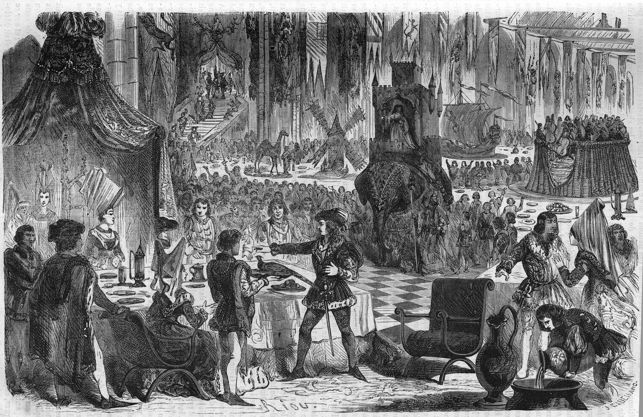 The Wish of the Pheasant. Philip III Le Bon, Duke of Burgundy (1396-1467) Joined the Emperor of Constantinople on 17 February 1454 for a Banquet at the Hotel of the Salle de Lille. Engraving of the 19th Century. by Unknown artist