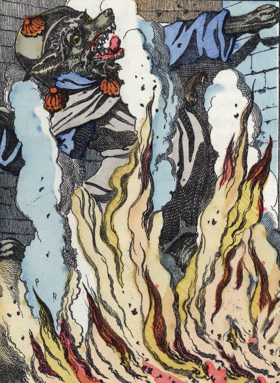 The wolf falls into the fire of the chimney. Illustration of the tale 