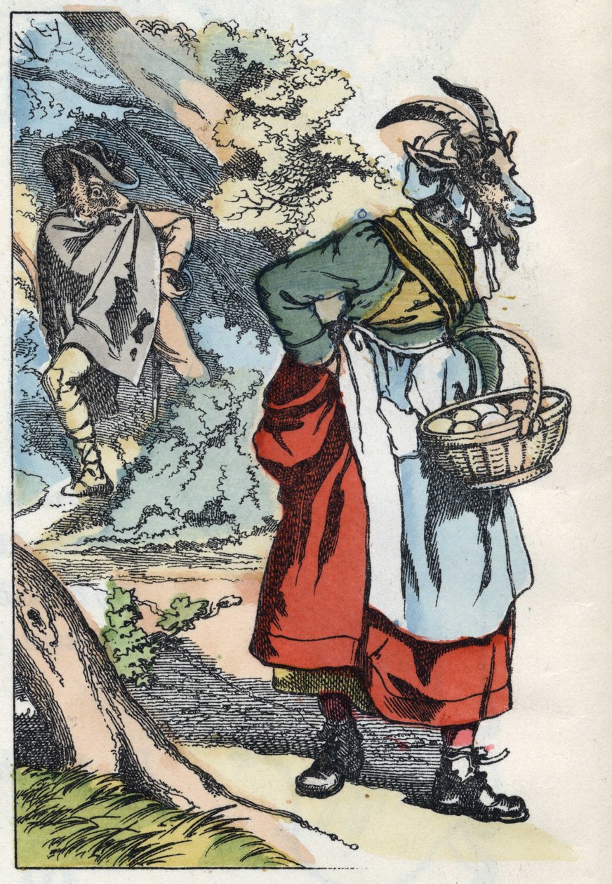 The wolf is looking for the goat leaving his home. Illustration of the tale 