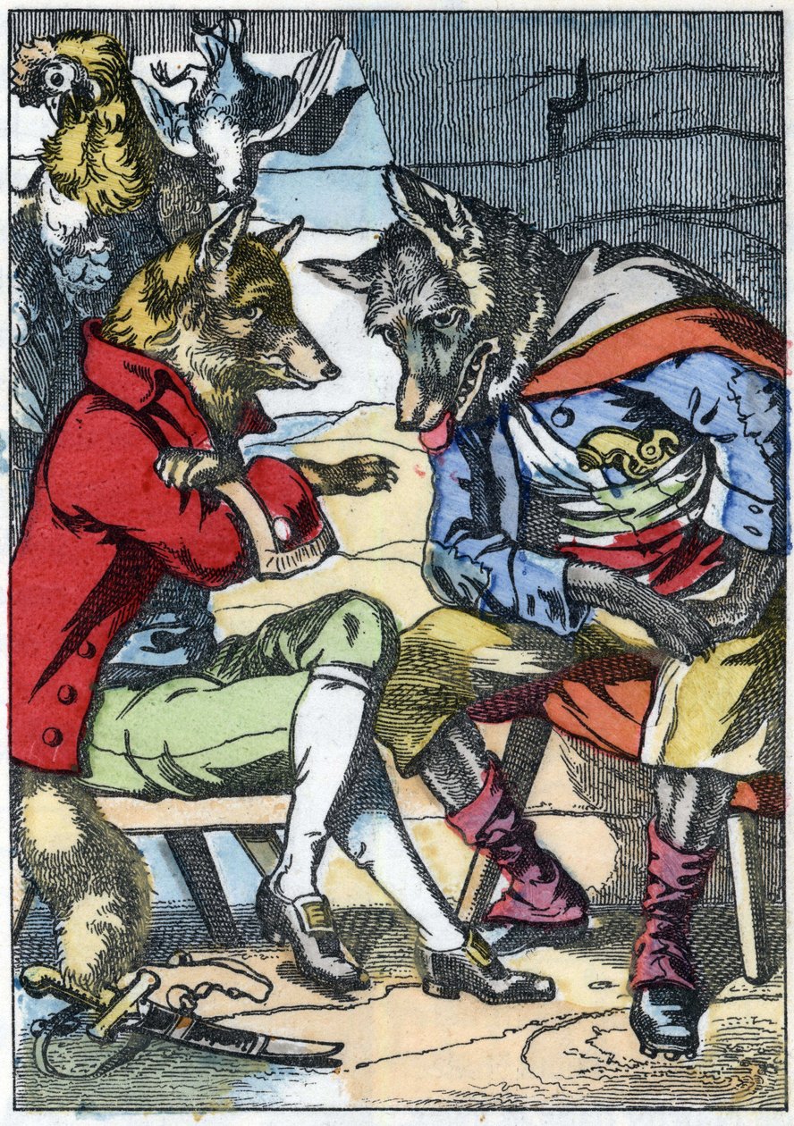 The wolf meets the fox again. Illustration of the tale 