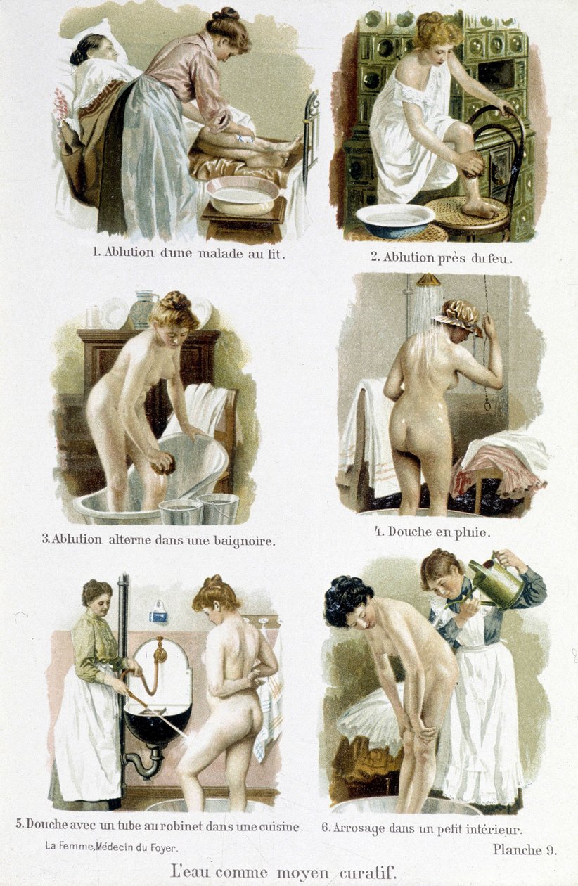 The woman, home doctor: water as a curative means. 1. Alution of a sick person in bed, 2. Alution by fire, 3. Alution alternates in a bathtub, 4. Rain shower, 5. Shower with a tap tube of a kitchen, 6. Watering in a small interior - in The woman, home doct by Unknown artist