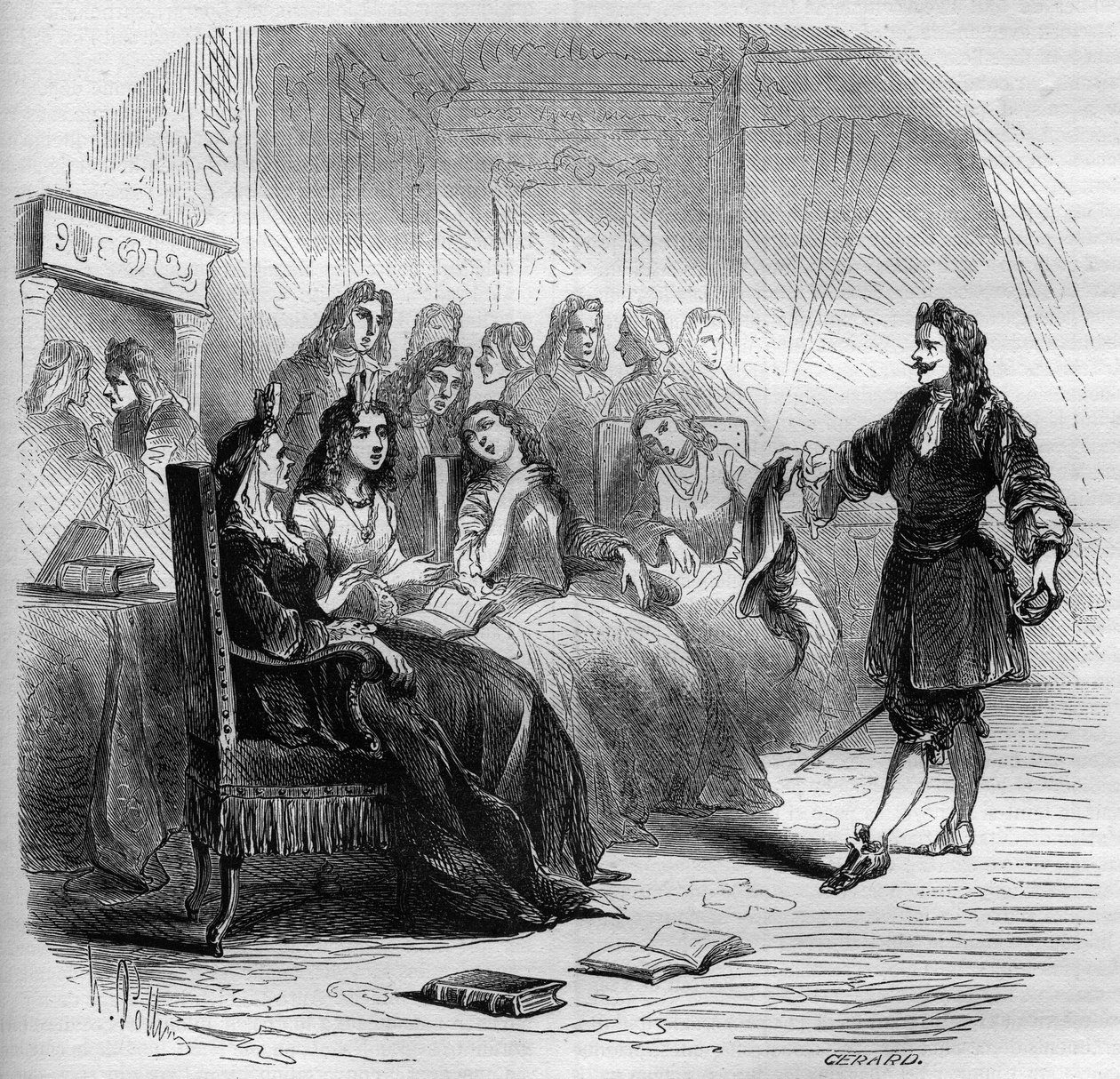 The writer Georges de Scudery during a literary salon organized by his sister, Madeleine de Scudery, in 1650. Engraving from 1860-1861. by Unknown artist