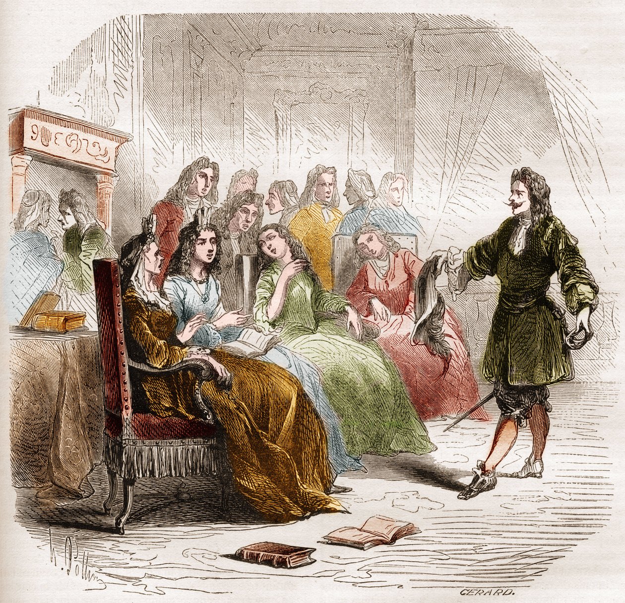 The writer Georges de Scudery during a literary salon organized by his sister, Madeleine de Scudery, in 1650. Engraving from 1860-1861 by Unknown artist