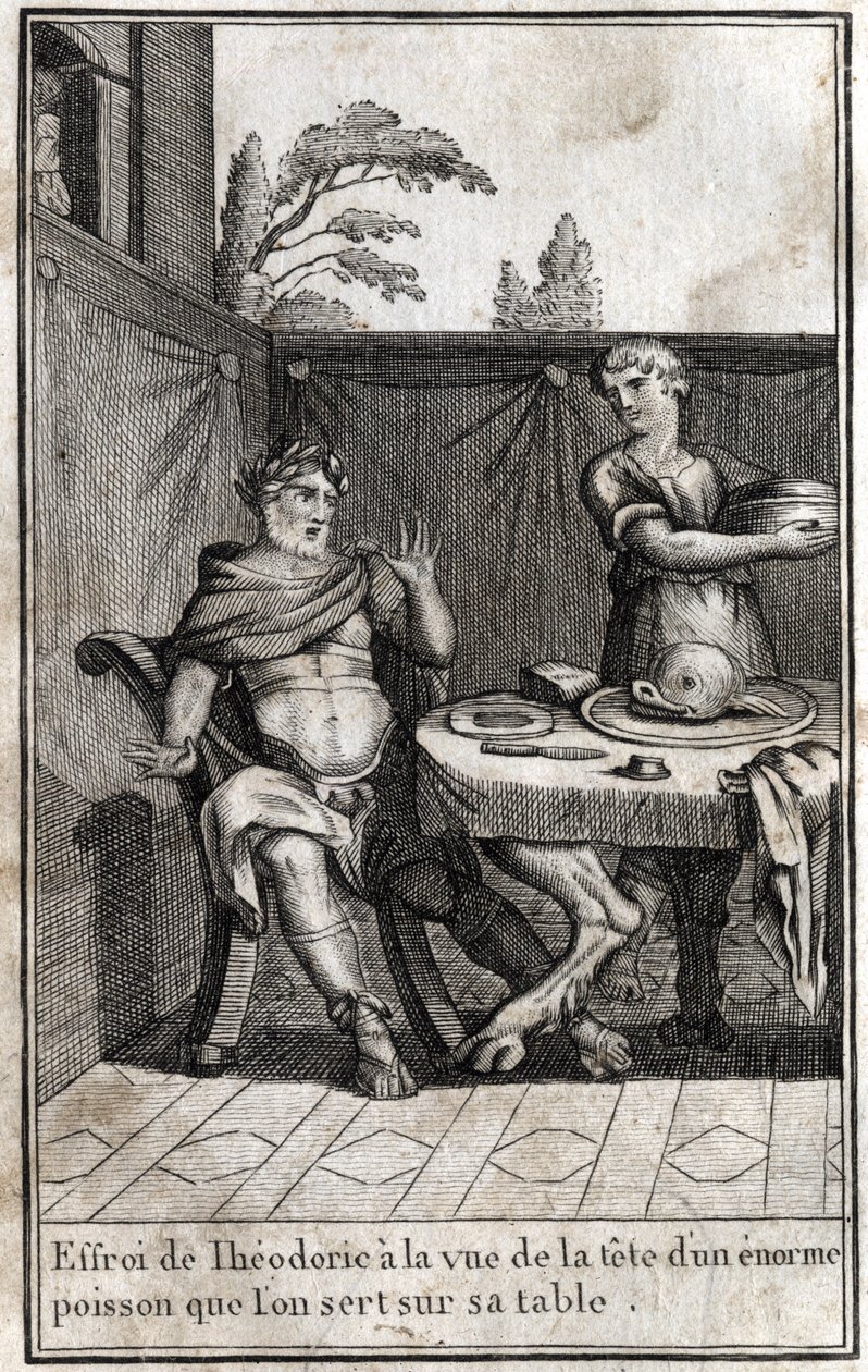Theodoric the Great, king of the Goths, is frightened at the sight of the head of a huge fish serving on his table. Engraving in 