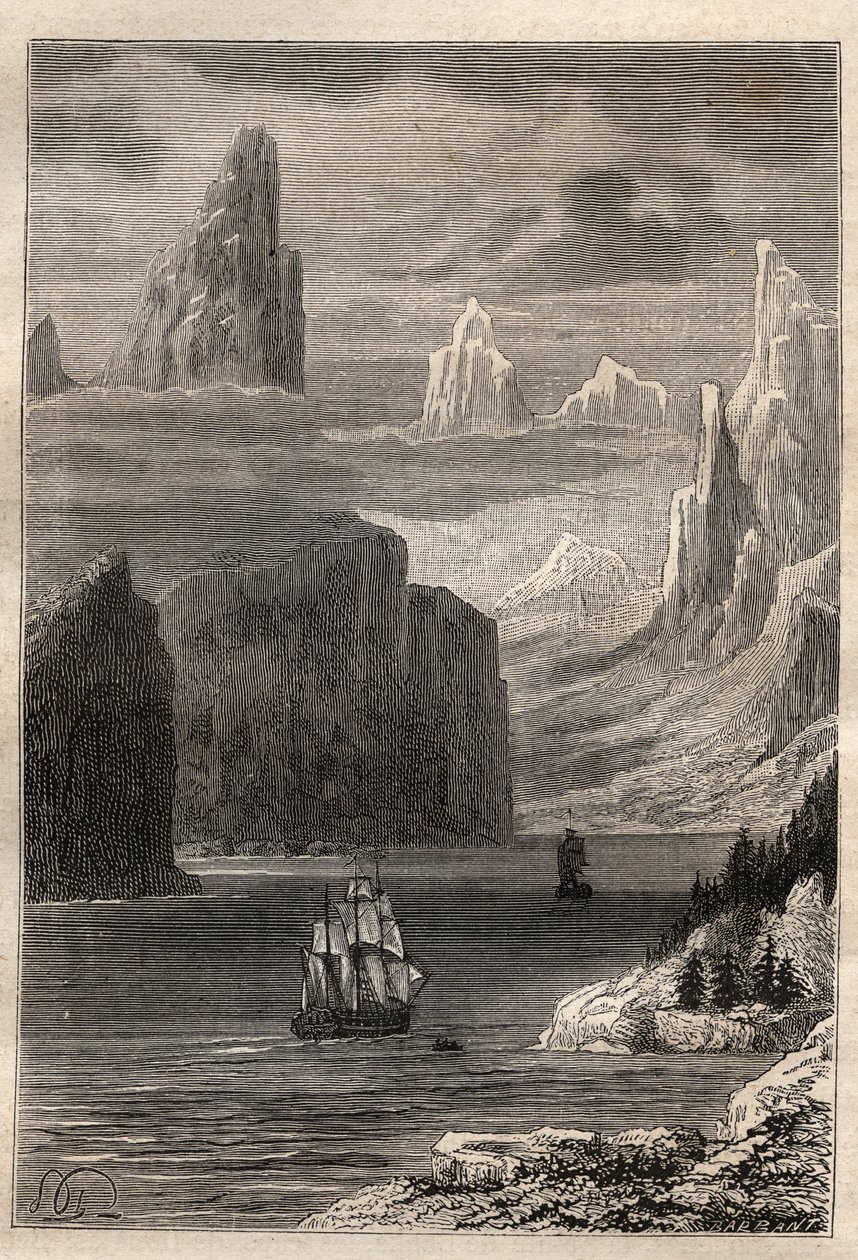 Third voyage by Captain James Cook: Entrance of Prince William (Alaska) - illustration taken from “The Great Mariners of the 18th century” by Unknown artist