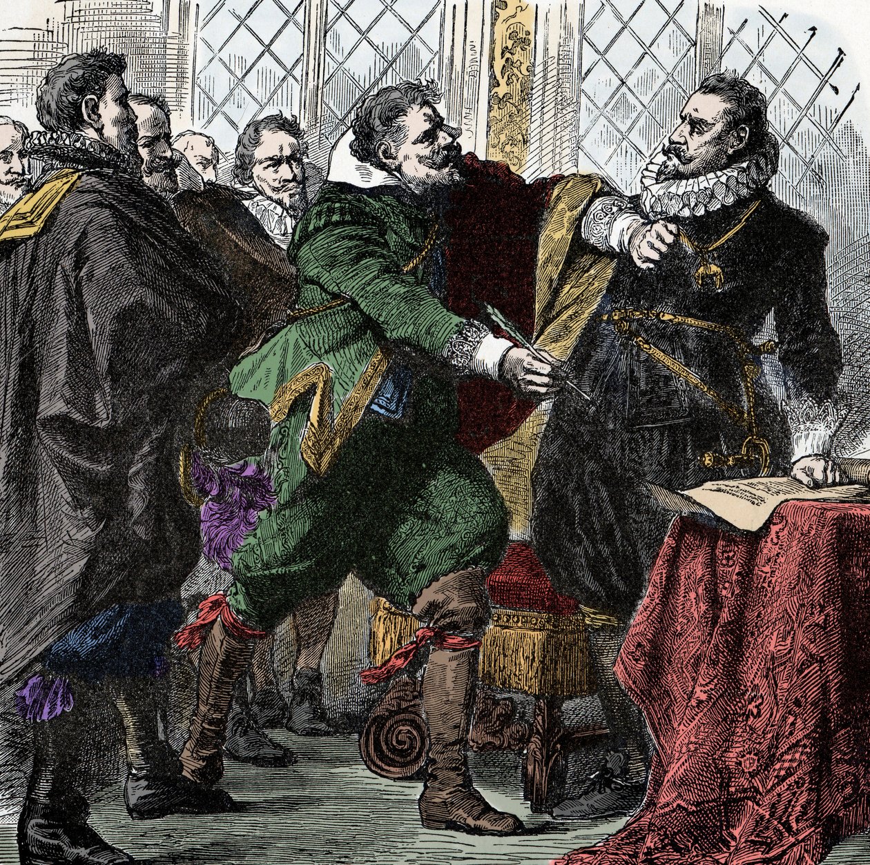 Thirty Years War: Sign it, Nandel! - Count Paul Jakob von Starhemberg asks Emperor Ferdinand II to sign an agreement to restore peace in Bohemia by Unknown artist