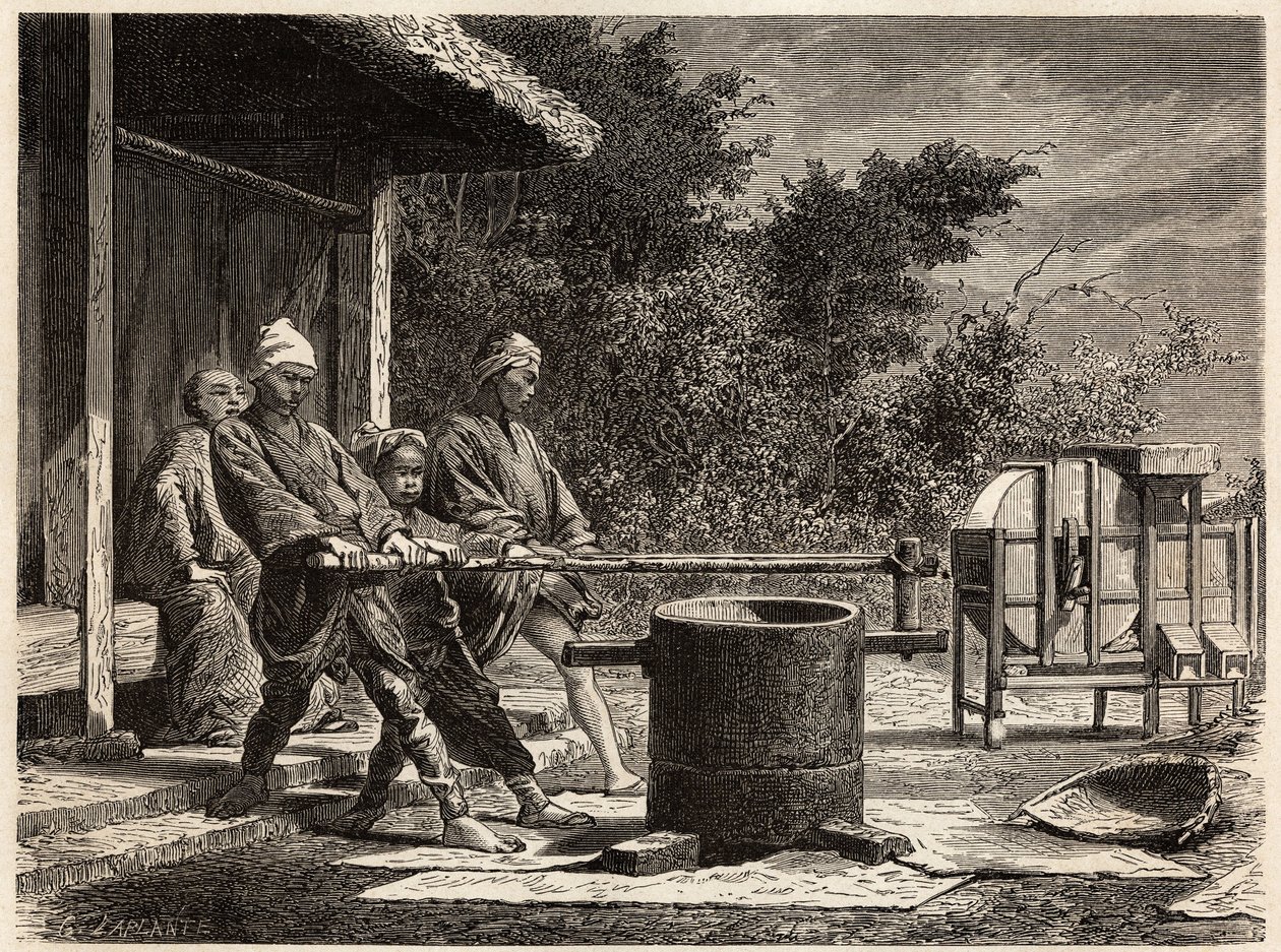 Three peasants operating the rice mill. Engraving to illustrate the voyage to Japan in 1863-1864, by Aime Humbert, minister of the Swiss Confederation, in 