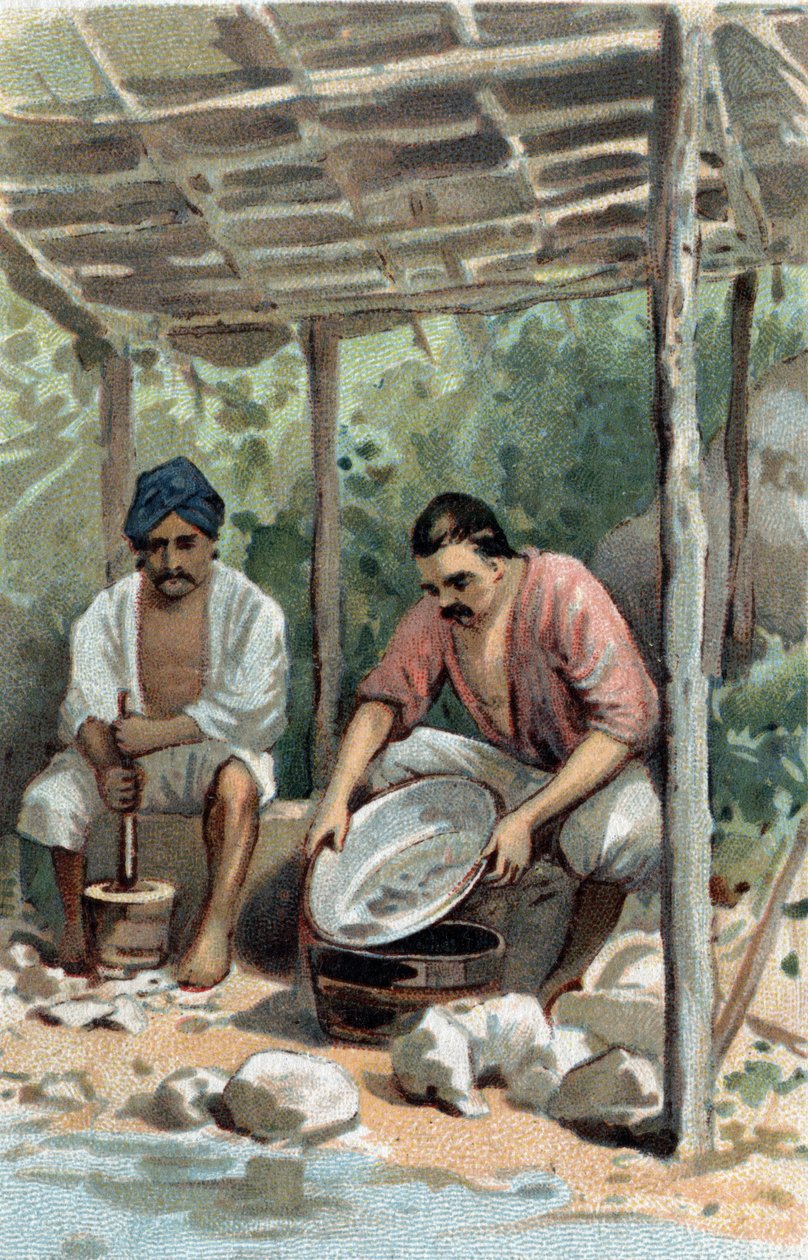 Tin scrubbers in Malacca (Malaka), Malaysia. Chromolithography of the late 19th century. by Unknown artist