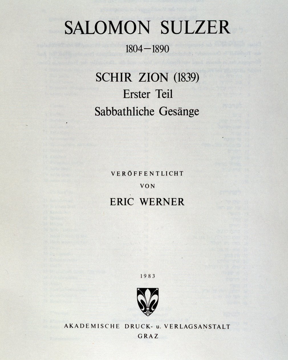 Title page of Schir Zion by Salomon Sulzer by Unknown artist
