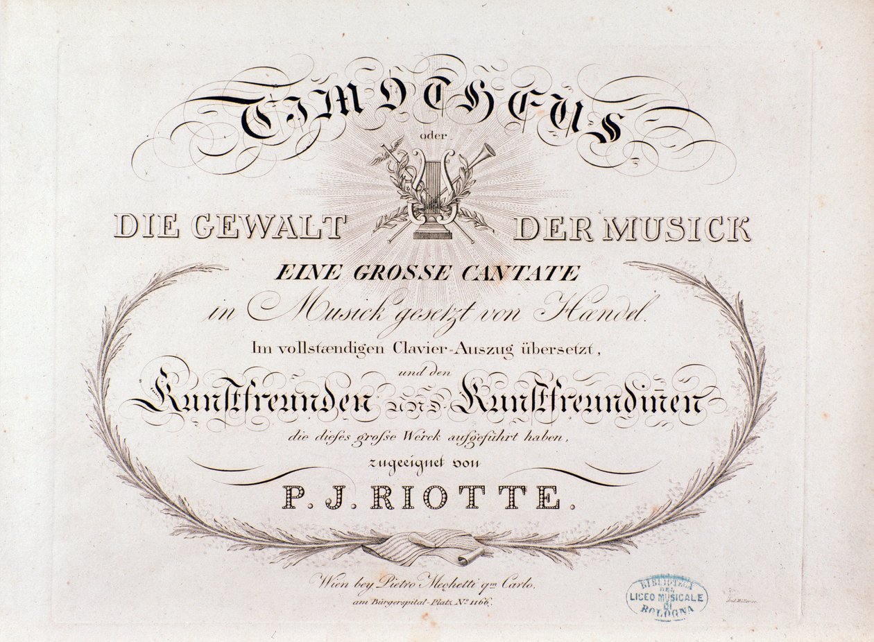 Title page of musical score of Timotheus by G F Handel (1812) by Unknown artist