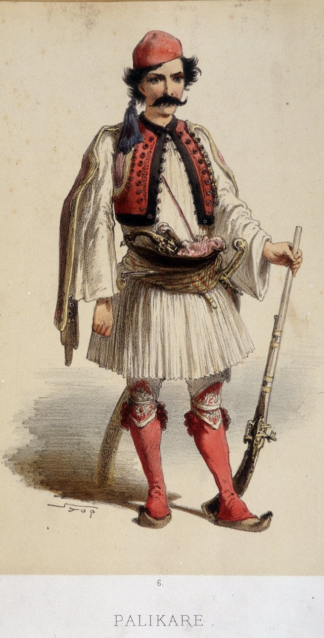 Traditional Greek male costume - engraving, late 19th century by Unknown artist