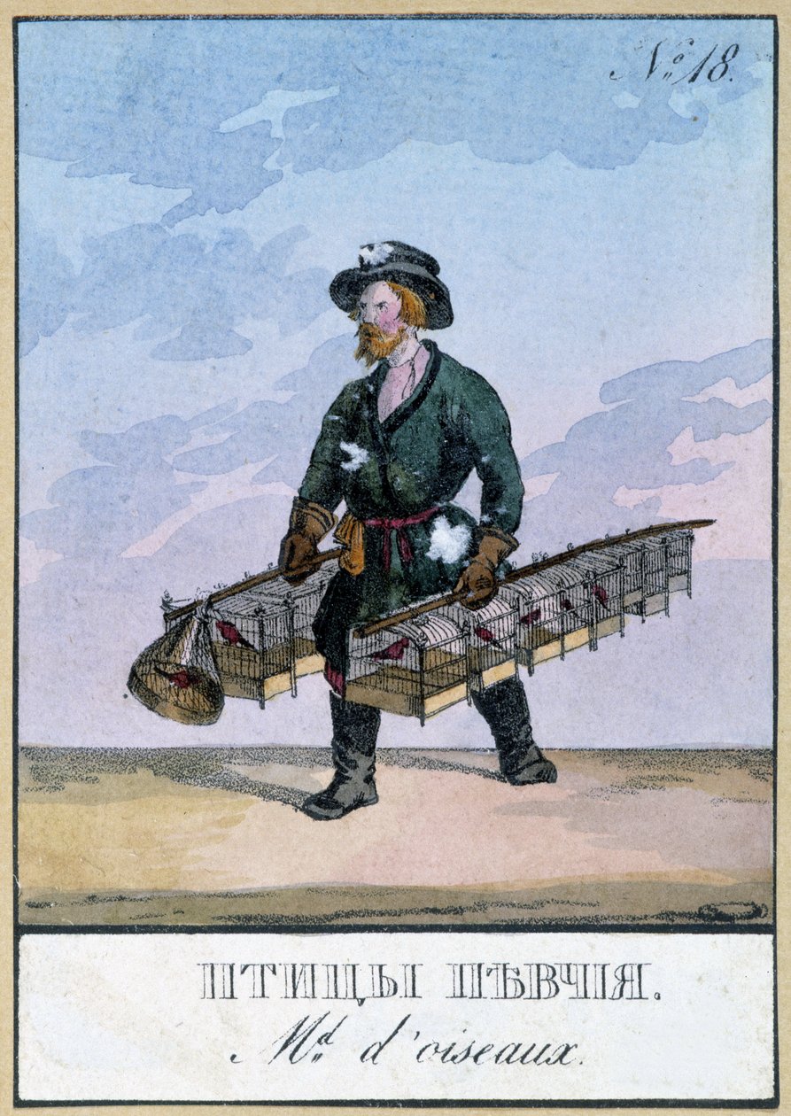 Travelling bird merchant - Engraving of the 19th century by Unknown artist