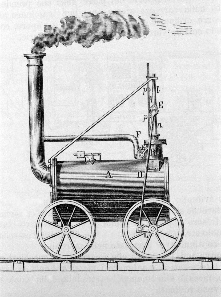 Trevithick locomotive. 19th century engraving by Unknown artist