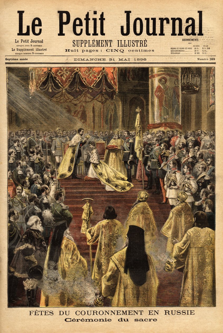 Tsar Nicholas II in the Assumption Cathedral, crowns his wife, Alexandra Fedorovna. Engraving in Le petit journal 31/05/1896. Selva