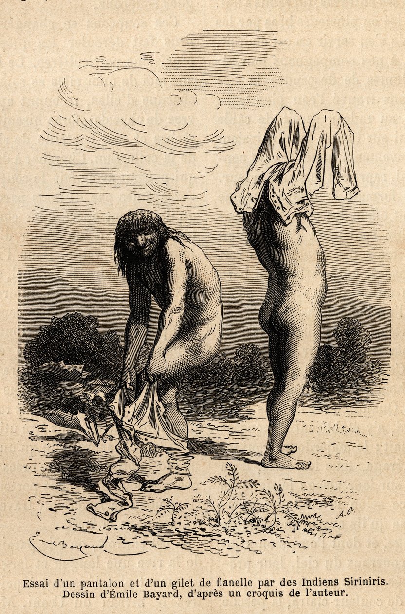 Two Siriniris Indians try to coat up pants and vest by Unknown artist
