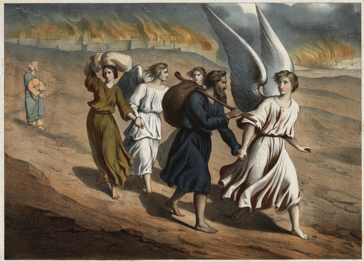 Two angels guide Lot and his daughters who must leave the city of Sodom, which, like that of Gomorrah, is destroyed by God. Lot