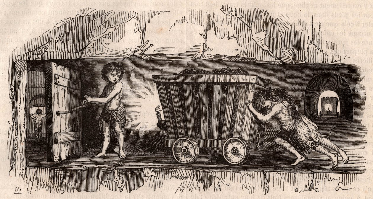 Two children pushing a trolley in an English coal mine, a third, the ...