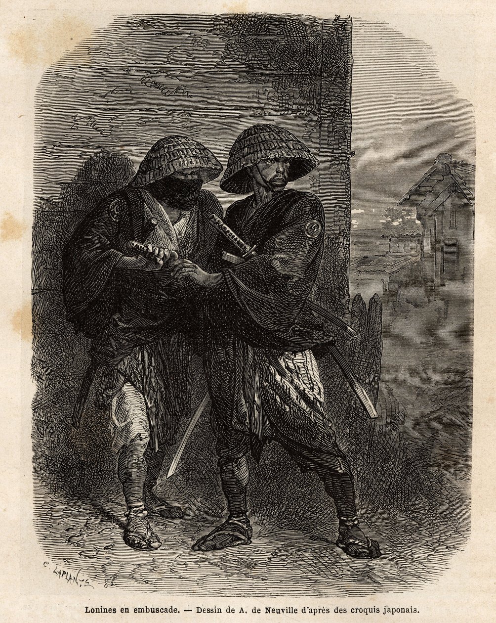 Two ronins (samurai having lost his master) standing in ambush. Engraving to illustrate the voyage to Japan, in 1863-1864, by Aime Humbert, minister of the Swiss Confederation, in Le tour du monde, nouveau journal des voyages published under the direction by Unknown artist