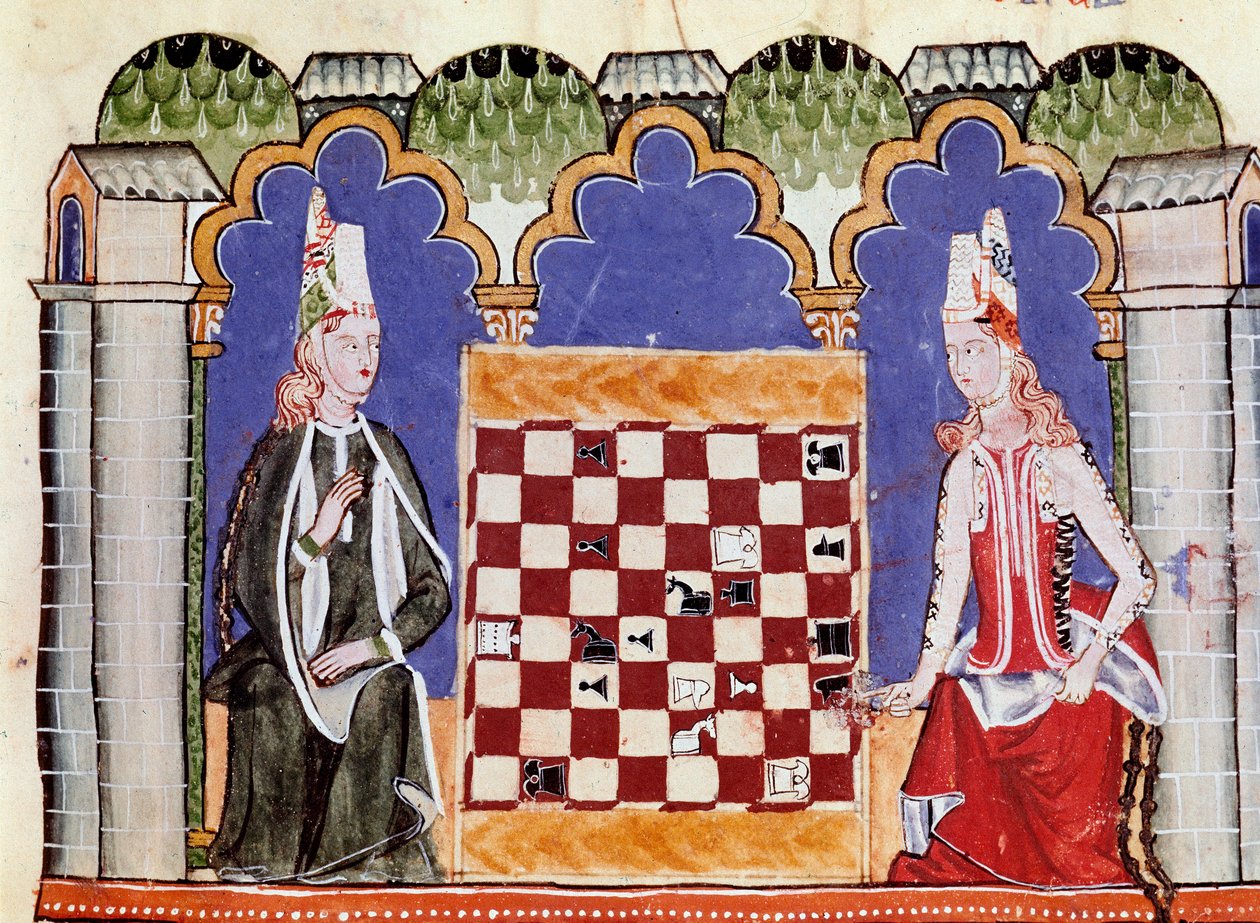 Two women playing chess. Miniature from the manuscript 
