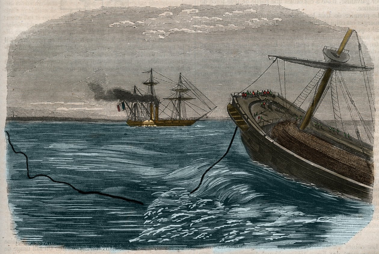 Underwater telegraphic lines: The laying of a submarine cable - Engraving of 1857 by Unknown artist